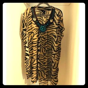 Tunic sheer zebra blouse w/turquoise & puka shells